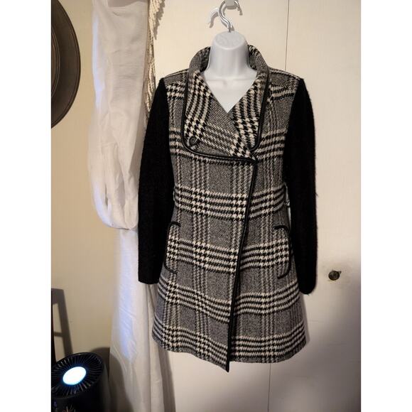 Guess LA Wool Blend Peacoat Houndtooth Long Over Coat Trenchcoat Snap Sz Small - Picture 1 of 12
